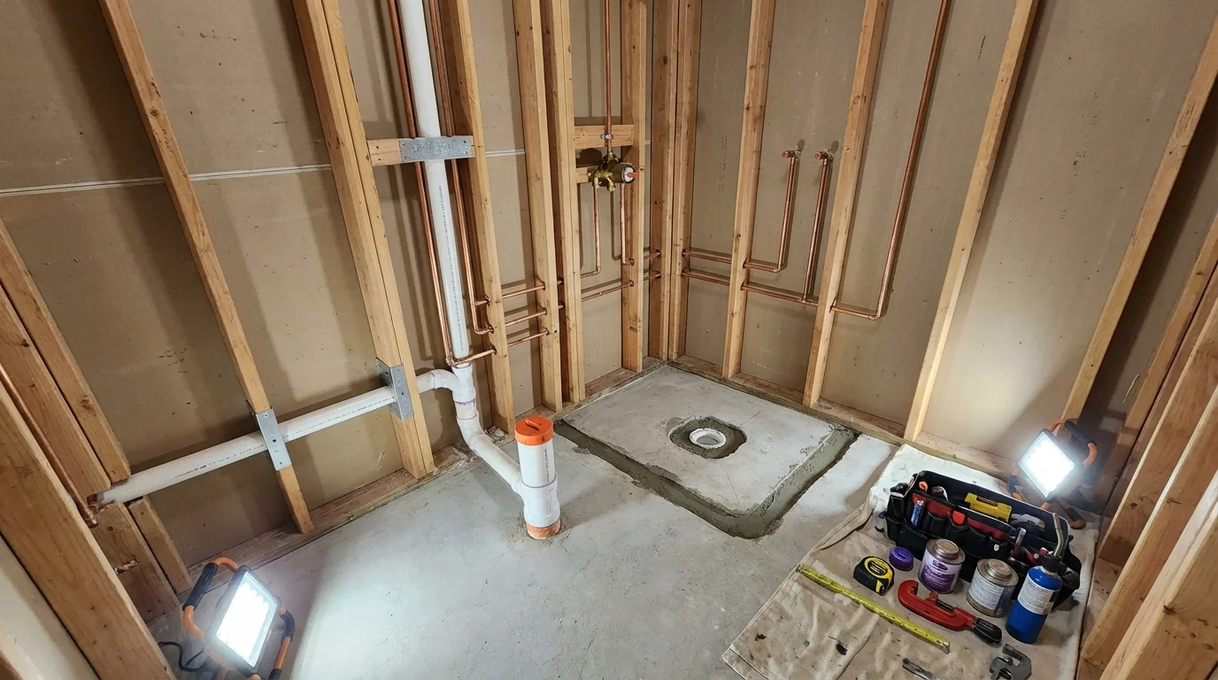 Bathroom rough-in plumbing during remodel by Johns Plumbing LLC in Faribault