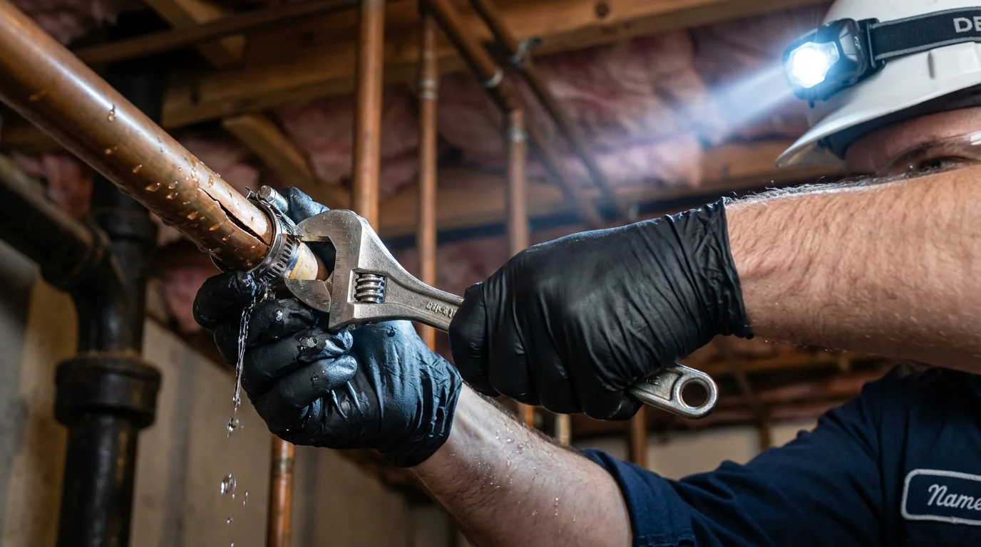 Emergency pipe clamp repair being performed by a Johns Plumbing LLC plumber in Faribault