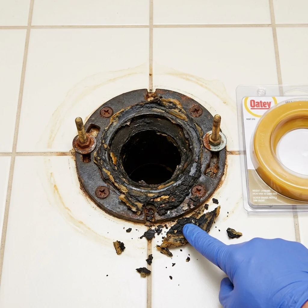 Failed wax ring showing water seepage at the base of a toilet in a Faribault, MN home