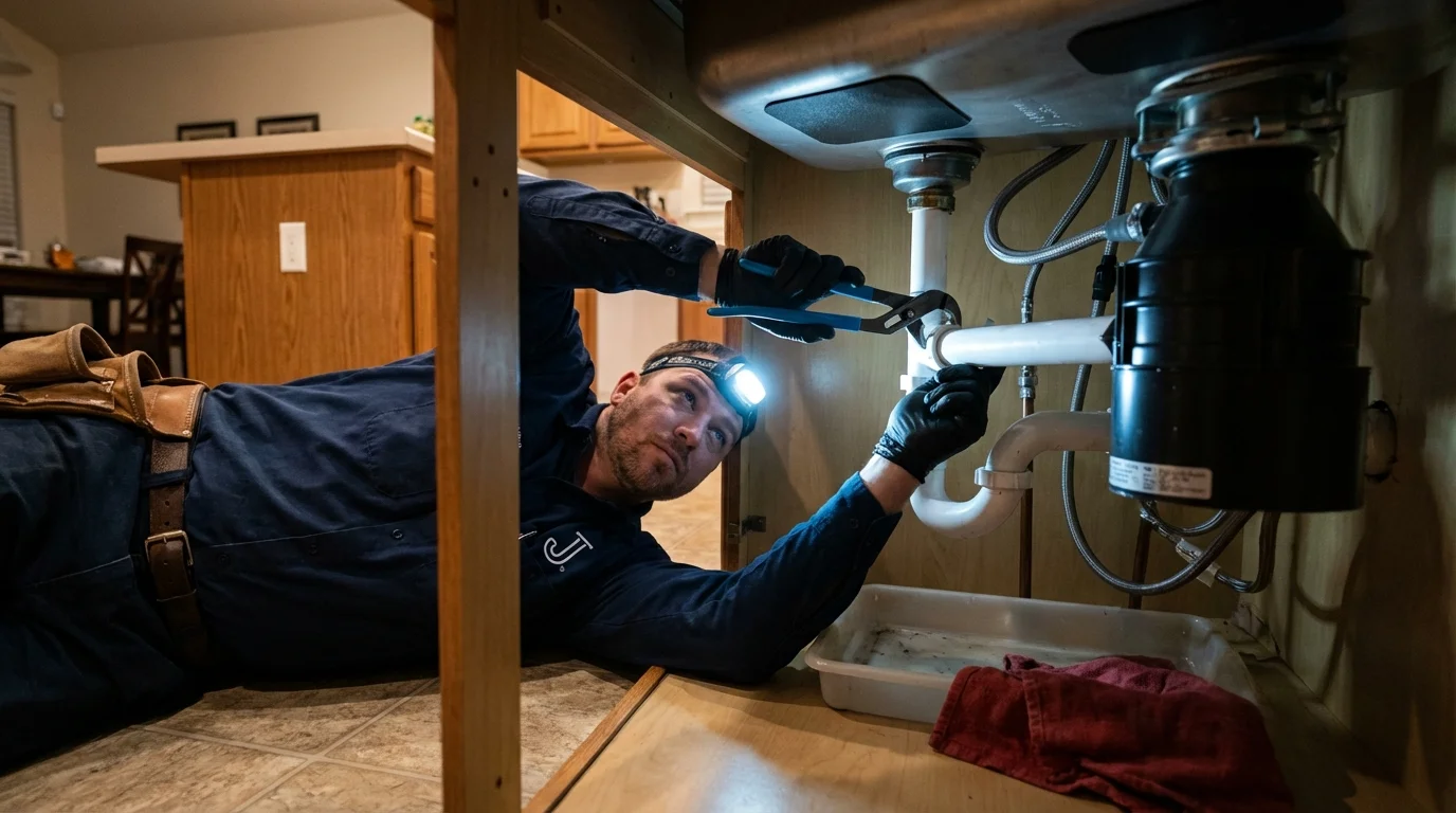 P-trap and supply line connections under a kitchen sink showing a common leak point in Faribault, MN